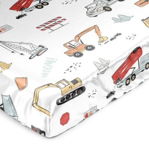 Sweet Jojo Designs Boy Satin Fitted Crib Sheet Construction Truck Red Blue and Grey