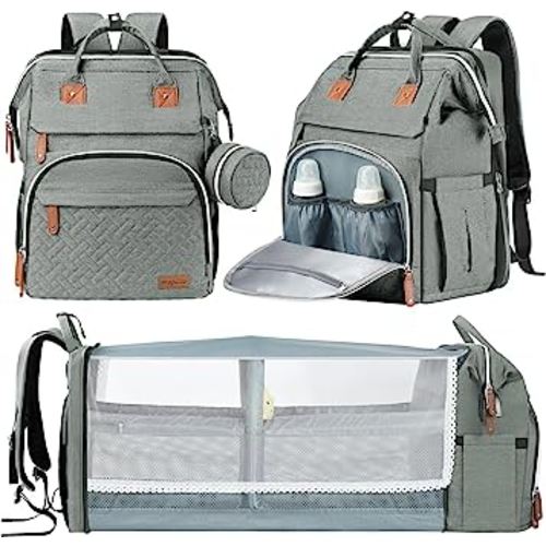 DERJUNSTAR Baby Diaper Bag Backpack, Diaper Changing Station, Baby Bags for Boys Girls, USB Charging Port,Pacifier Case, Sunshade and Toy Bar, Ash Grey