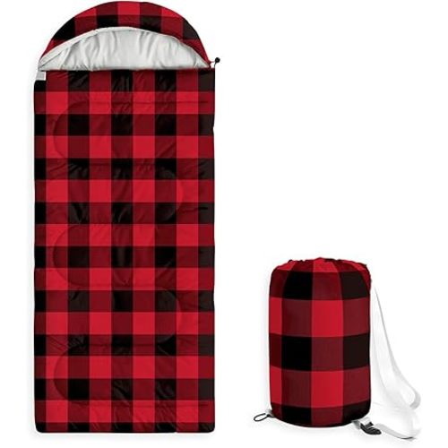 Wake In Cloud - Kids Sleeping Bag for Boys Girls Toddlers, Camping in Warm Cold Weather, Backpacking Lightweight Compact Outdoor Liner for 3 Seasons, Gingham Plaid