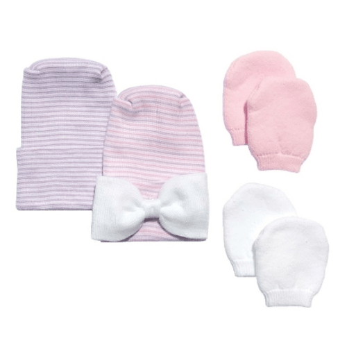 Mittens | Newborn Baby 2 Pack Purple & Pink Bow Hat Set with 2 Pairs of Mittens | NC-LWPMMT2