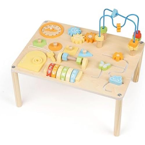 Wooden Activity Table for Toddlers – 8-in-1 Multi-Color Montessori Activity Center&Baby Activity Cube with Bead Maze, Shape Sorter, Gears, Math & Clock Toys,Educational Gift for 1 Year Old Boys Girls