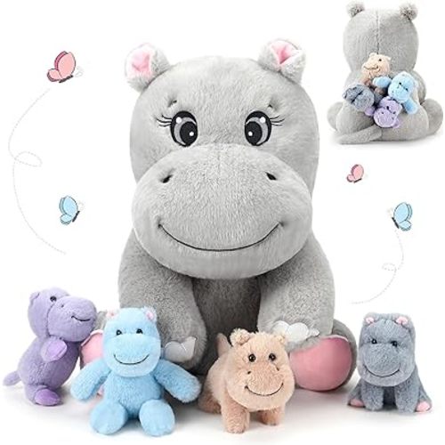 HyDren 5 Pieces Hippo Plush Toys Set Mom Hippo Stuffed Animals with 4 Small Hippo Plushies in Her Tummy Soft Cute Birthday Gifts Operation Christmas Bulk Items for Boys Girls Hippo Lovers