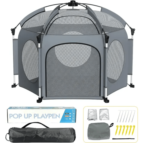 PRObebi Portable Pop Up Playpen for Babies and Toddlers - Grey Lightweight Outdoor Play Yard with Three Sun-Shade - Beach and Indoor Use with Travel Bag