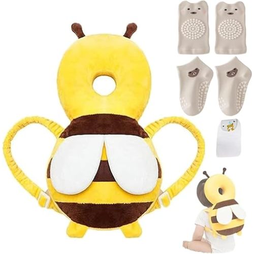 Baby Head Protector Backpack, Toddler Baby Head Protection Backpack with Baby Knee Pads Alarm Function for Walking & Crawling, Soft, Breathable and Wearing Safety Baby Head Protector - Yellow Bee