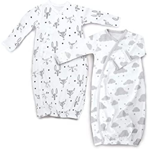 Cambria Baby 100% Organic Kimono Gowns. Side Snaps with Built in Mitts. (0-6 Months, White and Grey Clouds and Animals Patterns)