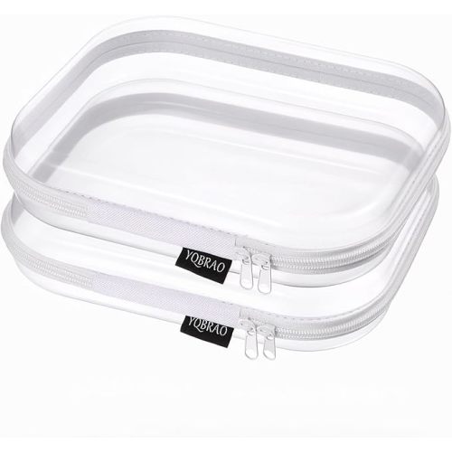 YQBRAO 2-Pack Medium Clear Hard Shell Zipper Case White, 1.2mm Heavy-Duty Crush-Proof Makeup Bag, Versatile Diaper Bag Organizer Pouches, Rigid Clear Zipper Pouches for Toiletries, Tech & Daily Carry