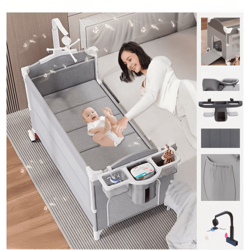 Baby Play Portable Infant Playard,Baby Crib with Reversible changing table for Newborn to Toddlers,Unisex,Gray