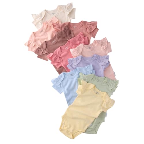 Butterblu Rory 10-Pack Short Sleeve Ruffle Shoulder Bodysuits 100% Organic Cotton for Baby Girls