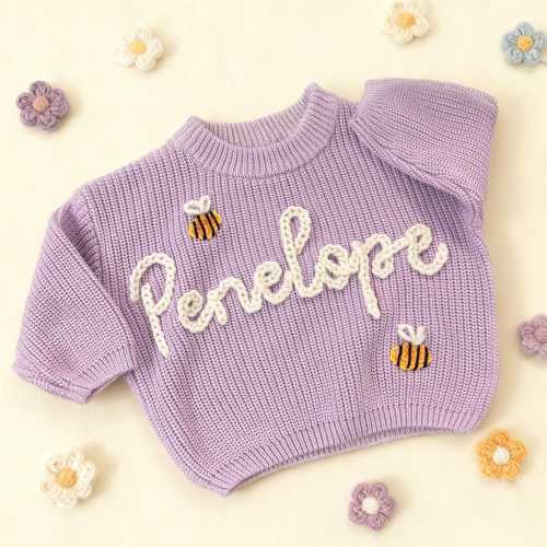 Hand-Embroidered Bee Sweater, Custom Embroidered Baby Name Sweater,Baby Gifts,Baby Sweater With Name,Christmas gift,Birthday Gift