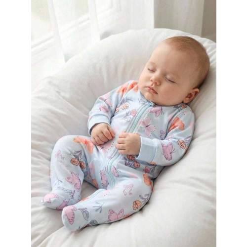 Dozy Joy Newborn Long Sleeve Footed Romper, Blue Cartoon Butterfly & Floral Print, Cute & Interesting, Casual Minimalist, Comfortable Soft Zipper Style, Suitable For Outdoor Wear And Loungewear, All Seasons | SHEIN USA