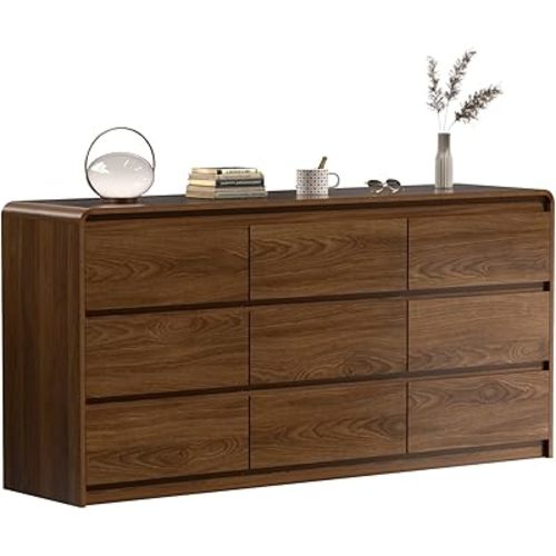 Oransail 9 Drawer Dresser, 63" Wide Walnut Dresser Chest of Drawers, Curved Anti-Collision & Anti-Tipping Design, Mid Century Modern Wooden Dresser for Bedroom, Living Room, TV Stand