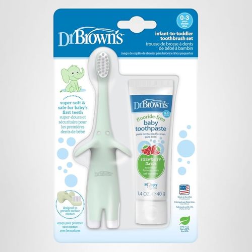 Dr. Brown’s Infant-to-Toddler Training Toothbrush Set, Mint Elephant with Fluoride-Free Strawberry Baby Toothpaste, 0-3 years