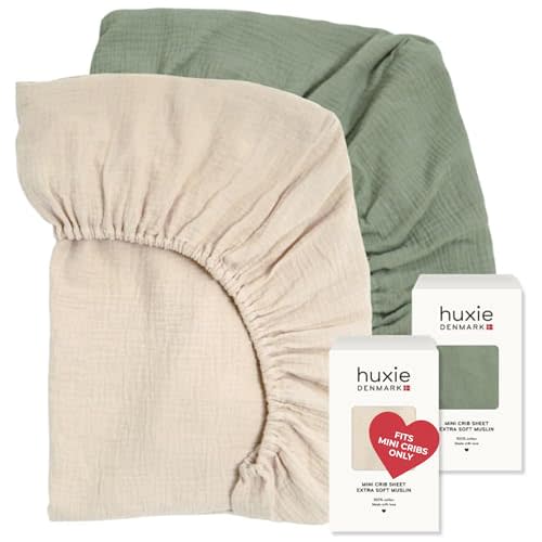 Huxie 24 x 38 Mini Crib Sheets - Organic Cotton Muslin Fitted Crib Sheet Fitted for Pack and Play - Ultra-Soft and Breathable Crib Sheets for Boys and Girls (Fog/Roman Green)