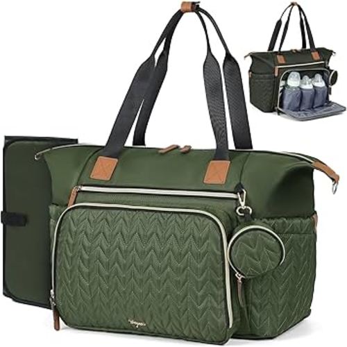 Diaper Bag Tote, Large Baby Diaper Bags Waterproof, Hospital Bag for Labor Delivery with Pacifier Case, Changing Pad, Shoulder Strap, Dark Green