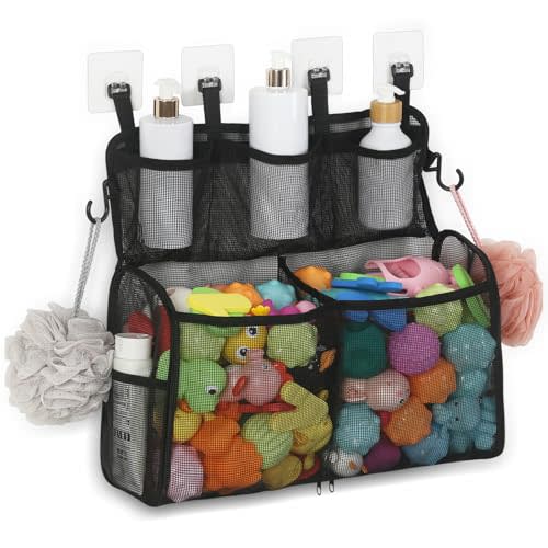 DOCMON Bath Toy Organizer, 2 Layers Large Capacity Bath Toy Holder for Bathtub, Quick Dry Bath Toy Storage with Buttom Zipper, Bath Toy Net Basket Mesh Shower Caddy for Bathroom Toys Toiletry - Black