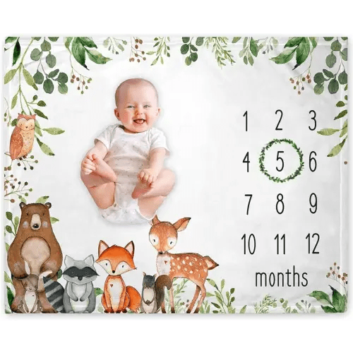 Yuzioey Woodland Baby Monthly Milestone Blanket, Forest Animals Baby Growth Chart Monthly Blanket, Watch Me Grow Woodland Forest Nursery for New Moms Shower, Includes Marker (50"x40")