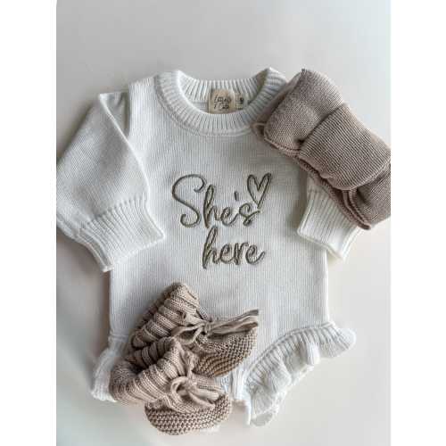 She’s Here Newborn Romper | Baby Girl Announcement Outfit | Coming Home Outfit | Newborn Photo Outfit | Hospital Outfit | Baby Shower Gift
