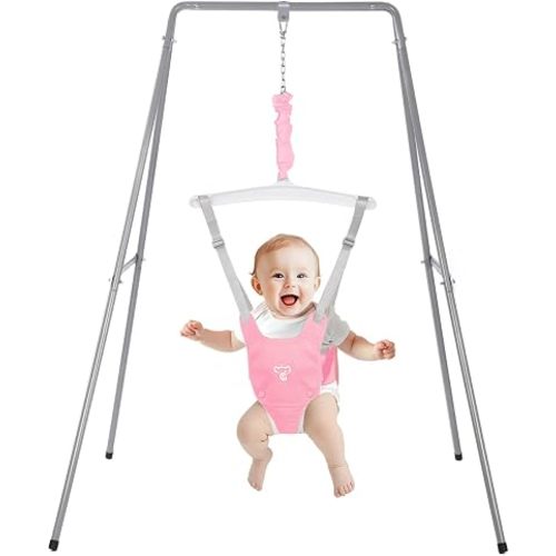 Baby Jumper with Stand, Baby Jumpers and Bouncers, Baby Exerciser Suitable for 6-24 Months, Easy to Assemble & Store Jumper for Baby (Pink)