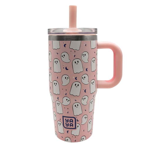 YAYA My First Travel Tumbler for Preschool & Kids 3+, Insulated Stainless Steel Tumbler with Reusable Silicone Straw & Spill-Proof Lid, Cup Holder Compatible, BPA-Free, 12oz, Ghosts