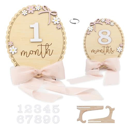 Baby Monthly Milestone Wooden Sign with Numbers and Stand – Natural Wood Milestone Board for Newborn Monthly Growth Photos – Cute 3D Flowers Photo Prop for Baby Milestone Memories (Light Pink Ribbon)