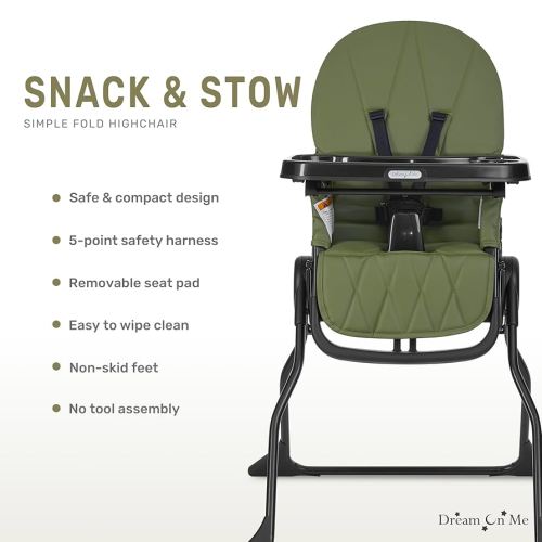 Dream On Me Snack and Stow Baby High Chair in Olive - Easy to Fold and Store, Portable Travel Chair With Removable and Three Position Adjustable Tray