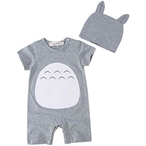 stylesilove Unisex Baby Boys Girls Grey Short Sleeve Cotton Romper with Hat 2pcs Cartoon Summer Outfit