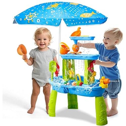 AuntyFey Water Table for Toddlers 1-3-5, Toddler Sand Table, Kids Water Table with Umbrella for Outside Kids Ages 4-8, Blue