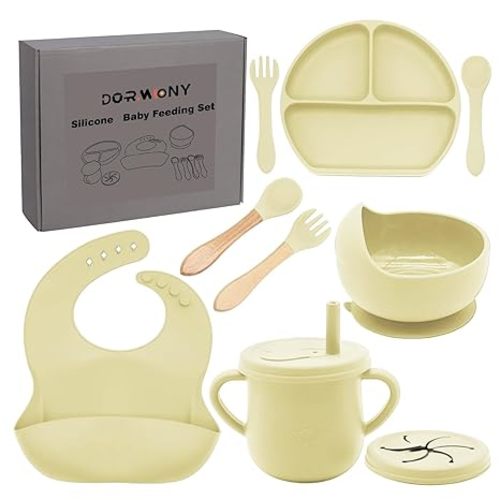 Dormlony 100% Silicone Baby Feeding Set,BPA Free Baby Dishes Set with Suction Bowl Divided Plate,Toddler Self Feeding Dish Set with Spoons Forks Sippy Cup and Bib, Baby Eating Utensils (Yellow)