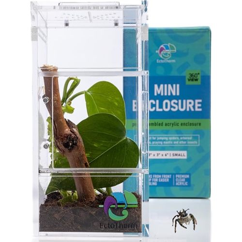 EctoTherm Jumping Spider Enclosure - Complete Acrylic Terrarium Habitat for Spiders, Tarantulas, Praying Mantis - Small Spider House with Front Opening Door - Bug Enclosure for Arboreal Species