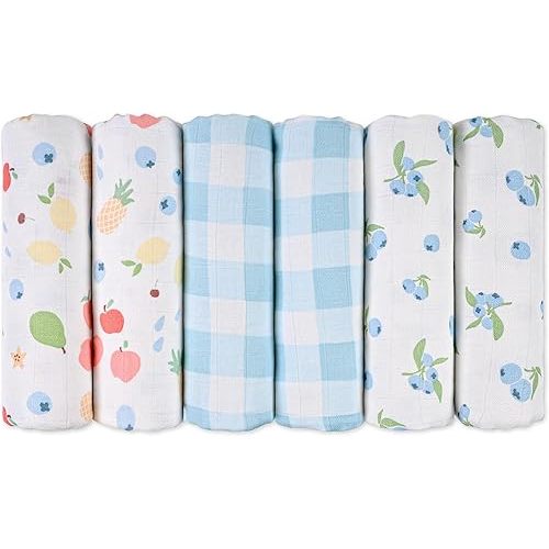 GLLQUEN BABY Receiving Blanket Boy Cotton Muslin Swaddle Blankets Girl Newborn Squares Breathable & Soft Thin Baby Blankets Cloths Double Absorbent Infant Swaddling Wrap - 6 Pack (Azure Berry Dream)