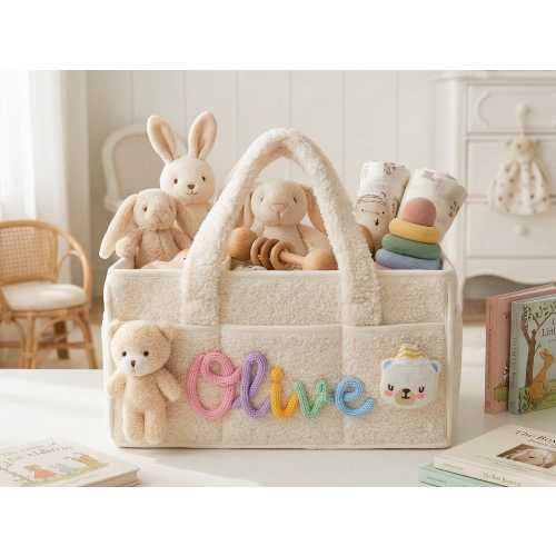 Personalized Baby Storage Basket, Custom Name Diaper Caddy, Handmade Cotton Rope Baby Toy Organizer, Cute Nursery Organizer with Bear