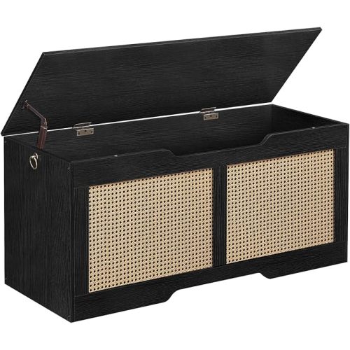 HOOBRO Storage Bench, 43.3" Toy Box, Rattan-Like Storage Chest, Sturdy Entryway Bench Supports 220 lb, Toy Chest, Safety Hinge, U-Shaped Opening, Easy Assembly, Black BB22CW01