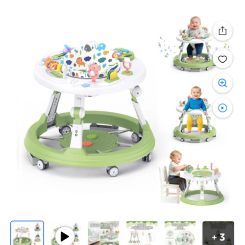 Baby Walker Foldable, 4-in-1 Toddler Infant Walkers for Boys and Girls 6-18 Months with Wheels- Baby Activity Center, 3-Gear Height Adjustable, 360-degree Rotatable Play Tray, Music and Lights(Green)