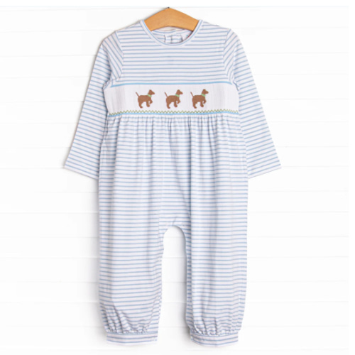 Puppy Present Smocked Romper, Blue – Stitchy Fish
