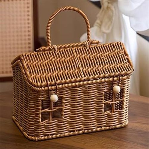 Rattan House Shape Storage Basket with Lid, Small Doll House, Decorative Hand Woven Shelf Organizer with Handle, Natural Harvest Wicker Basket for Picnics, Organizing, Storage (A, 1)