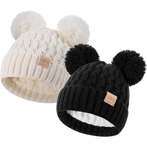 Toddler Winter Beanie Hat, Infant Winter Warm Knit Fleece Lined Cap for Girls Boys with Pom Pom for 0-36 Months 2 Packs