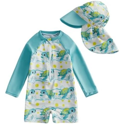 Toddler Baby Boy Swimsuit Shark/Turtle Long Sleeve One Piece Rash Guard Zip-up Bathing Suit Sunsuit Beachwear