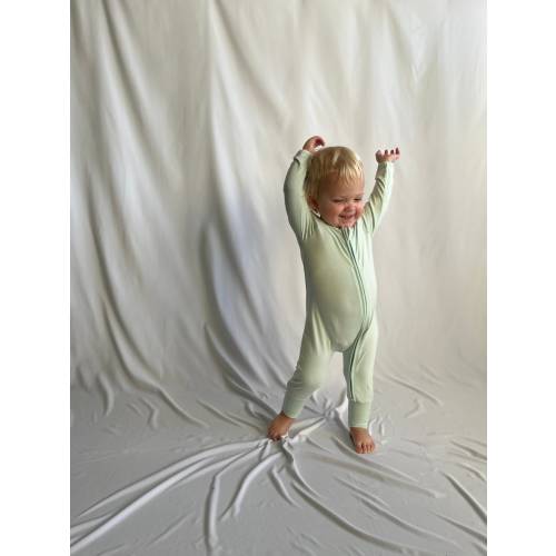 Sage Green Baby Bamboo Footie Pajamas, Two-Way Zip Romper