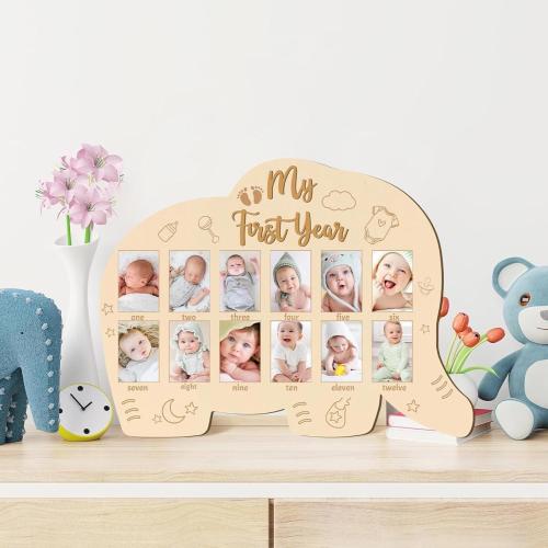 My First Year Baby Photo Frame Elephant, Personalized Baby Gift, Newborn Keepsake Picture Holder, Baby Shower Present, Nursery Décor