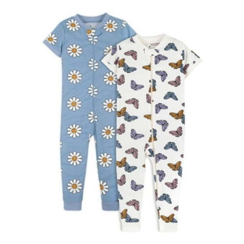 Little Star Organic Baby & Toddler Girl Short Sleeve Footless One-Piece, 2-Pack, Sizes 9M-5T