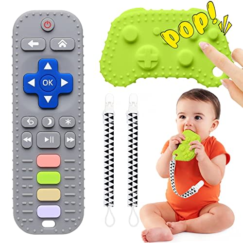 Baby Teether Toys, 2 Pack Teething Toys for Babies, TV Game Remote Control Shape Silicone Sensory Teethers, Infant Chew Toys for Baby Shower Easter Basket Stuffers, BPA Free