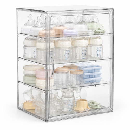 Gofinoday Clear Baby Bottle Storage Organizer for Countertop or Cabinet, 4-Tier Acrylic Organizer with Adjustable Shelves, Removable Dividers & Magnetic Door
