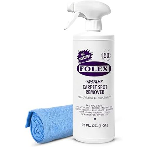 FOLEX Instant Carpet Spot Remover 32 oz – Powerful Stain Remover for Carpets, Upholstery & Rugs – Eliminates Pet Stains, Grease, Red Wine, Food, Makeup & More – With Reusable Cleaning Cloth – 1 Pack