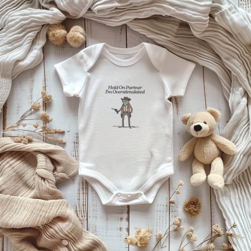 Hold on Partner Im Overstimulated Funny Baby Onesie Baby Shower Gift Baby announcement Funny Baby Gift Meme Overstimulated Baby Onesie