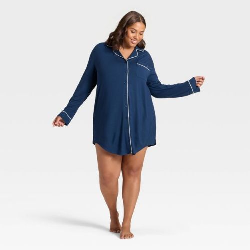 Women's Cloud Knit Modal Notch Collar Long Sleeve Nightgown - Auden™ Navy Blue 2X