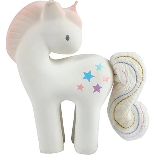 Tikiri Fairytales Cotton Candy Unicorn Natural Rubber Rattle with Crinkle Tail (White)