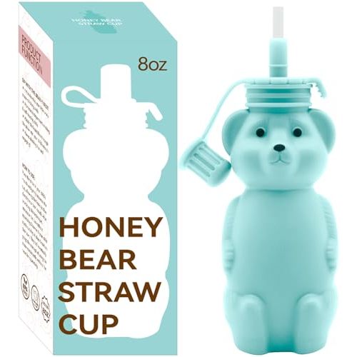 Honey Bear Silicone Straw Cup, Babies Water Drinking Cup, 8-Ounce Therapy Sippy Bottles for Speech and Feeding Training, BPA Free & Dishwasher Safe (AQUA)