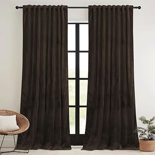 RYB HOME Brown Blackout Curtains 84 inches Long Velvet, Room Darkening Thermal Insulated Drapes with Hook Belt for Bedroom Home Theater, W 52 x L 84 inches, 2 Panels Set