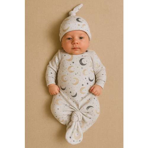Moon Print Baby Gown and Hat Set: Soft Cotton Knit, Neutral Celestial Theme