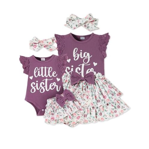Big Sister Little Sister Matching Outfits Baby Girl Romper/Toddler Girl T-shirt Tops with Shorts/Skirt Clothes Set